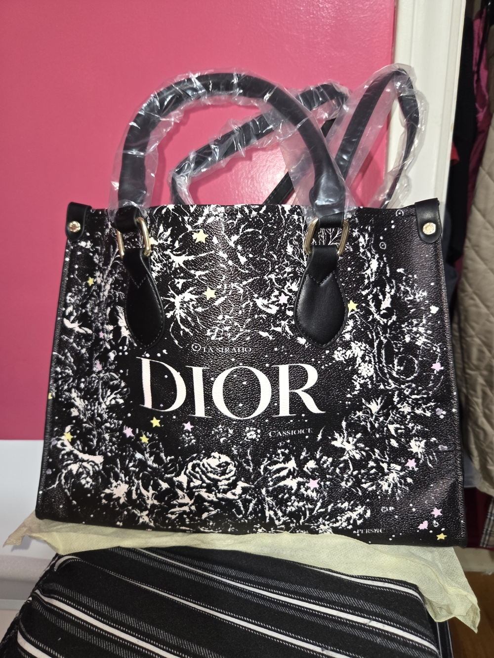 Black Floral Print Tote with Star Accents
